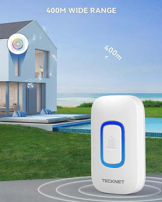 Alt view image 3 of 7 - TECKNET Wireless Doorbell, Portable Doorbell with RGB Light, Battery Powered IP66 Waterproof Cordless Door Chime Kit, 1300 ft Wireless Range, 60 Chimes & 5 Level Volume, Using Time up to 4.5 Years