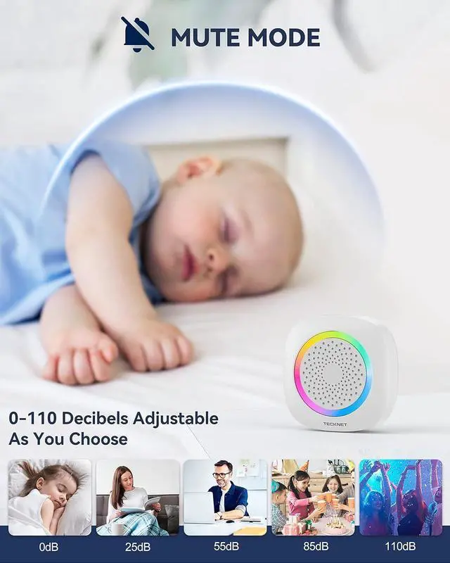 Alt view image 6 of 7 - TECKNET Wireless Doorbell, Portable Doorbell with RGB Light, Battery Powered IP66 Waterproof Cordless Door Chime Kit, 1300 ft Wireless Range, 60 Chimes & 5 Level Volume, Using Time up to 4.5 Years