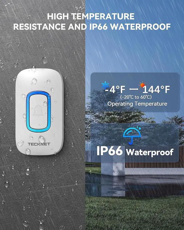Alt view image 7 of 7 - TECKNET Wireless Doorbell, Portable Doorbell with RGB Light, Battery Powered IP66 Waterproof Cordless Door Chime Kit, 1300 ft Wireless Range, 60 Chimes & 5 Level Volume, Using Time up to 4.5 Years