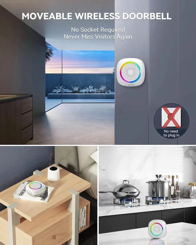 Alt view image 2 of 7 - TECKNET Wireless Doorbell, Portable Doorbell with RGB Light, Battery Powered IP66 Waterproof Cordless Door Chime Kit, 1300 ft Wireless Range, 60 Chimes & 5 Level Volume, Using Time up to 4.5 Years