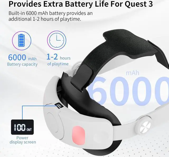 Alt view image 5 of 6 - Head Strap with Battery Pack for Quest 3, 6000mAh Elite Strap Replacement for Fast and Safe Charging, Iesooy Adjustable Headstrap VR Accessories for Meta Quest 3