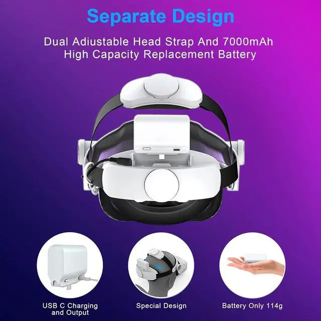 Alt view image 3 of 6 - Head Strap with Battery Pack for Oculus Quest 2 Accessories, Rechargeable 7000mah VR Power Supply for Oculus/Meta Quest 2/Elite Strap, Faster Charging and Comfort Support Lightweight Design