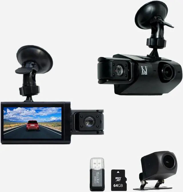 Alt view image 7 of 7 - 3 Channel 4K WiFi Dash Cam with 180 Degree DVR, 4K Front Inside and Back, Free 64 GB Card and USB Reader, 3" IPS Screen,IR Night Vision,G Sensor, Optional 24 Hour Parking Mode Dash Cam Car Camera
