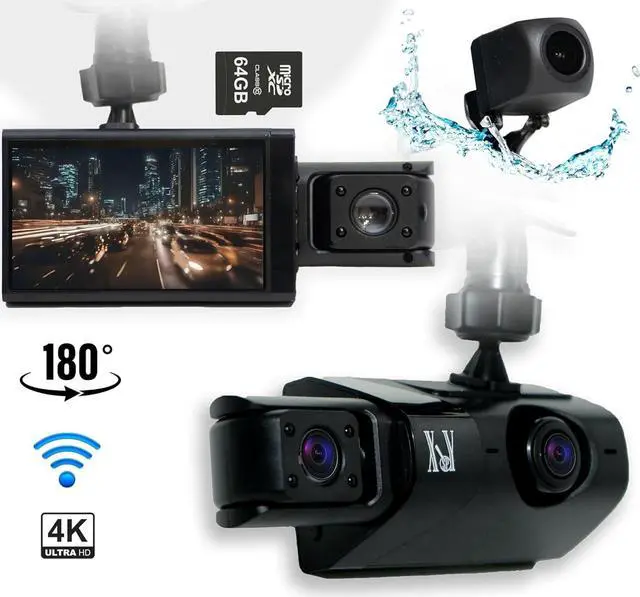 Alt view image 3 of 7 - 3 Channel 4K WiFi Dash Cam with 180 Degree DVR, 4K Front Inside and Back, Free 64 GB Card and USB Reader, 3" IPS Screen,IR Night Vision,G Sensor, Optional 24 Hour Parking Mode Dash Cam Car Camera