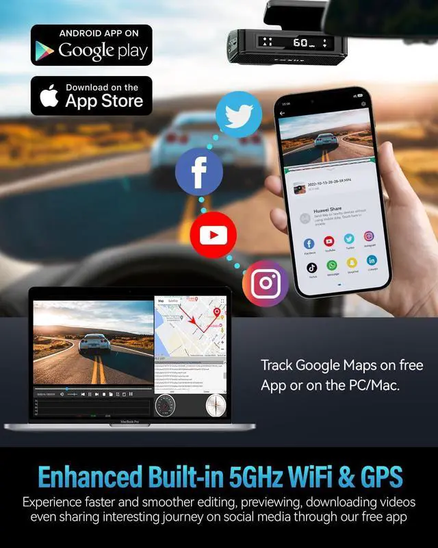 Alt view image 2 of 7 - FOCUWAY 4K Dash Cam Front and Rear, Built-in 5GHz WiFi GPS Speed, Voice Control, Free 64GB SD Card, Dual Dash Camera for Car, Superb Night Vision, Super-Capacitor, 24Hrs Parking Monitor, WDR, Type C