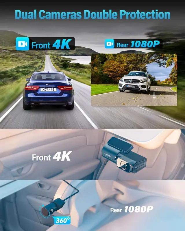 Alt view image 4 of 7 - FOCUWAY 4K Dash Cam Front and Rear, Built-in 5GHz WiFi GPS Speed, Voice Control, Free 64GB SD Card, Dual Dash Camera for Car, Superb Night Vision, Super-Capacitor, 24Hrs Parking Monitor, WDR, Type C