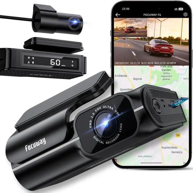 Main image of FOCUWAY 4K Dash Cam Front and Rear, Built-in 5GHz WiFi GPS Speed, Voice Control, Free 64GB SD Card, Dual Dash Camera for Car, Superb Night Vision, Super-Capacitor, 24Hrs Parking Monitor, WDR, Type C