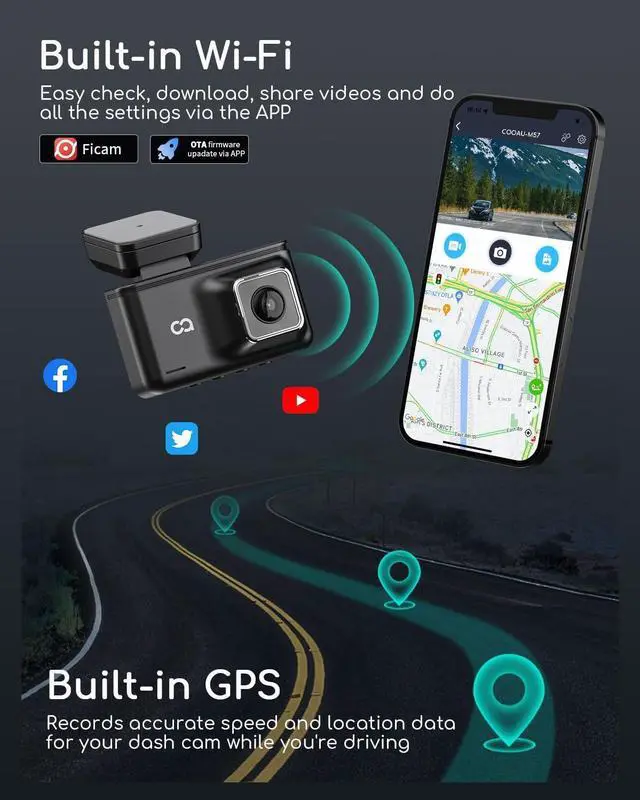 Alt view image 3 of 7 - Dash Cam Front and Rear Camera - COOAU 2.5K Car Camera Built in GPS & WiFi APP - 3" IPS Screen Dashcam with Free 64GB SD Card WDR G-Sensor | 24H Parking Mode Night Vision | Loop Recording