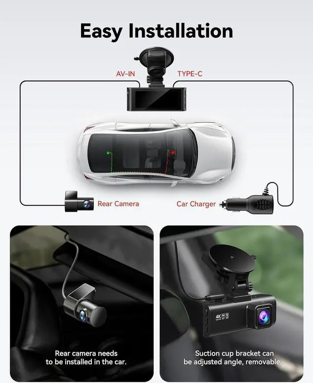 Alt view image 3 of 7 - REDTIGER Dash Cam Front Rear, 4K/2.5K Full HD Dash Camera for Cars, Free 32GB Card, Built-in Wi-Fi GPS, 3.18 IPS Screen, Night Vision, 170°Wide Angle, WDR, 24H Parking Mode