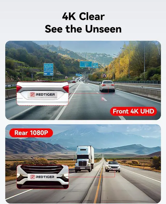 Alt view image 6 of 7 - REDTIGER Dash Cam Front Rear, 4K/2.5K Full HD Dash Camera for Cars, Free 32GB Card, Built-in Wi-Fi GPS, 3.18 IPS Screen, Night Vision, 170°Wide Angle, WDR, 24H Parking Mode