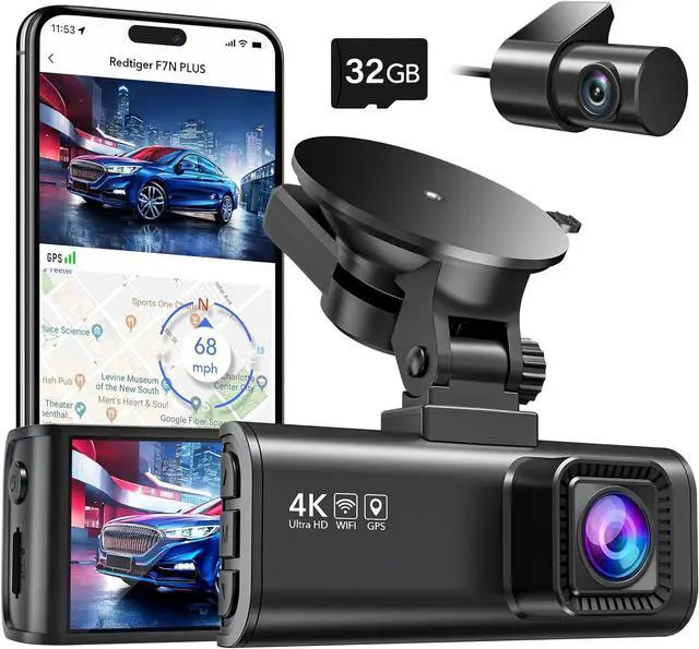 Main image of REDTIGER Dash Cam Front Rear, 4K/2.5K Full HD Dash Camera for Cars, Free 32GB Card, Built-in Wi-Fi GPS, 3.18 IPS Screen, Night Vision, 170°Wide Angle, WDR, 24H Parking Mode