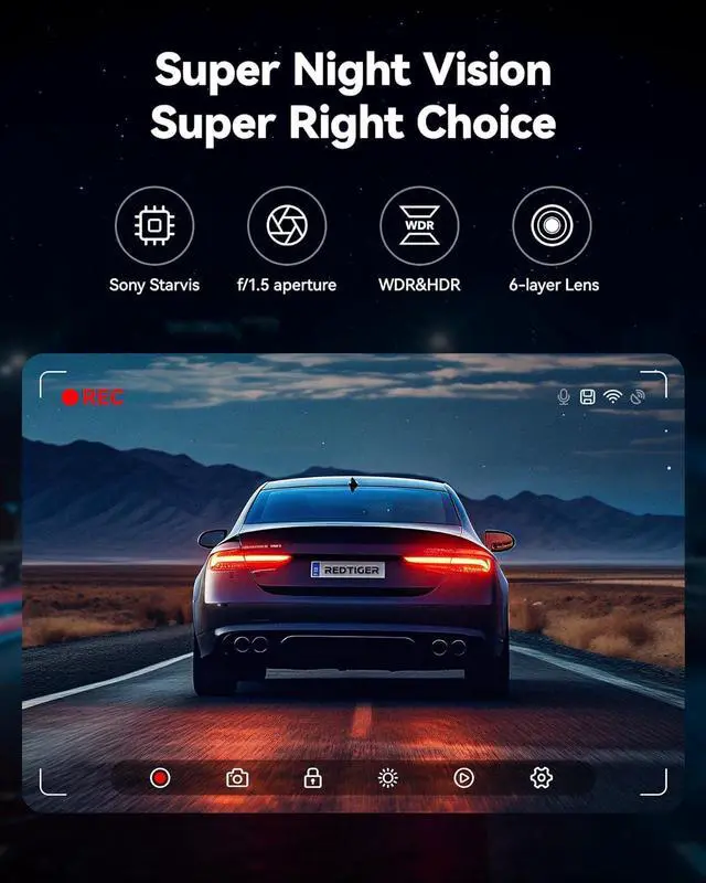 Alt view image 7 of 7 - REDTIGER Dash Cam Front Rear, 4K/2.5K Full HD Dash Camera for Cars, Free 32GB Card, Built-in Wi-Fi GPS, 3.18 IPS Screen, Night Vision, 170°Wide Angle, WDR, 24H Parking Mode