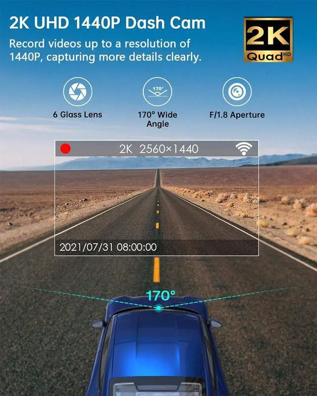 Alt view image 3 of 7 - Dash Cam 2K WiFi 1440P Car Camera, Dash Camera for Cars, Front Dashcam for Cars with Super Night Vision, WDR, Loop Recording, G-Sensor, 24 Hours Parking Monitor, APP, Support 128GB Max
