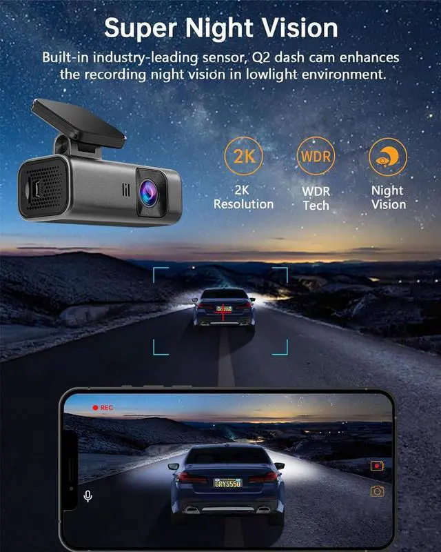 Alt view image 4 of 7 - Dash Cam 2K WiFi 1440P Car Camera, Dash Camera for Cars, Front Dashcam for Cars with Super Night Vision, WDR, Loop Recording, G-Sensor, 24 Hours Parking Monitor, APP, Support 128GB Max