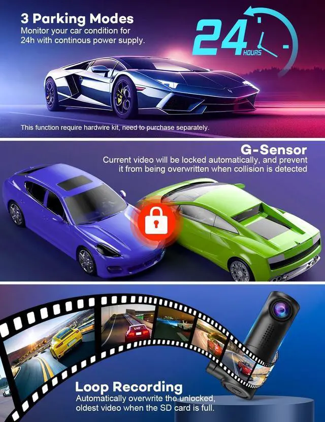 Alt view image 4 of 6 - Sarmert Front Dash Cam 2K 64G SD Card Built-in WiFi,Dash Camera for Cars with 0.96" LCD Display,Car Camera with Night Vision Loop Recording G-Sensor 24 Hours Parking Monitor APP 150°Wide Angle