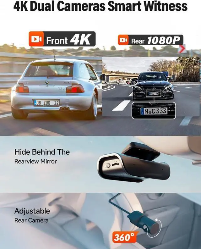 Alt view image 5 of 6 - Dash Cam Front and Rear 4k Built-in GPS 5GHz WiFi, Free 64gb TF Card, Voice Control, Dash Cam for Car with Super Night Vision, WDR, Loop Recording, Supercapacitor, 160° Wide Angle, 24h Parking Monitor