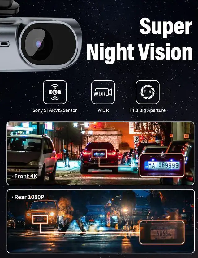 Alt view image 3 of 6 - Dash Cam Front and Rear 4k Built-in GPS 5GHz WiFi, Free 64gb TF Card, Voice Control, Dash Cam for Car with Super Night Vision, WDR, Loop Recording, Supercapacitor, 160° Wide Angle, 24h Parking Monitor