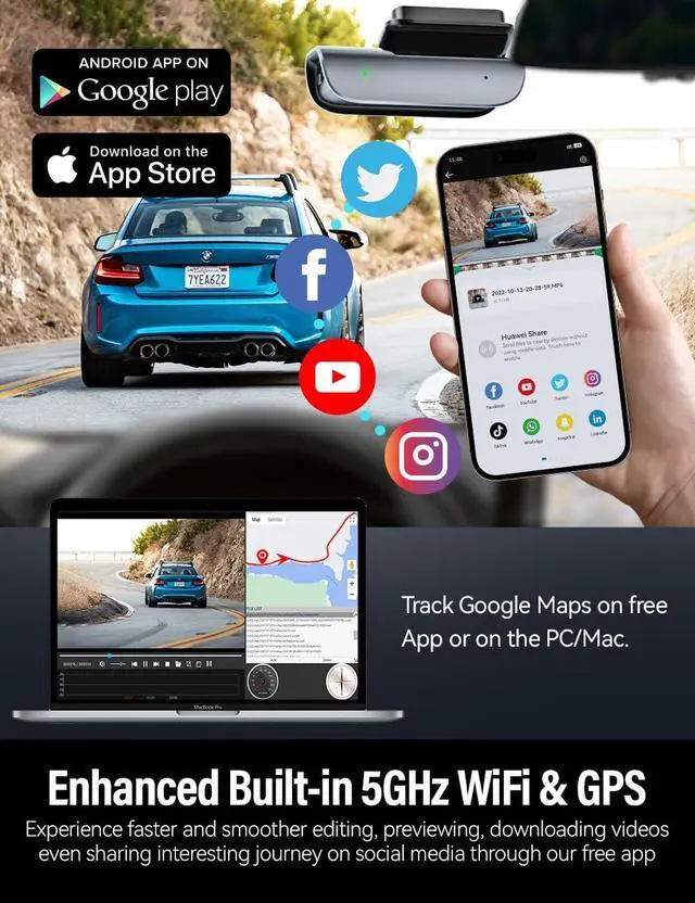 Alt view image 4 of 6 - Dash Cam Front and Rear 4k Built-in GPS 5GHz WiFi, Free 64gb TF Card, Voice Control, Dash Cam for Car with Super Night Vision, WDR, Loop Recording, Supercapacitor, 160° Wide Angle, 24h Parking Monitor