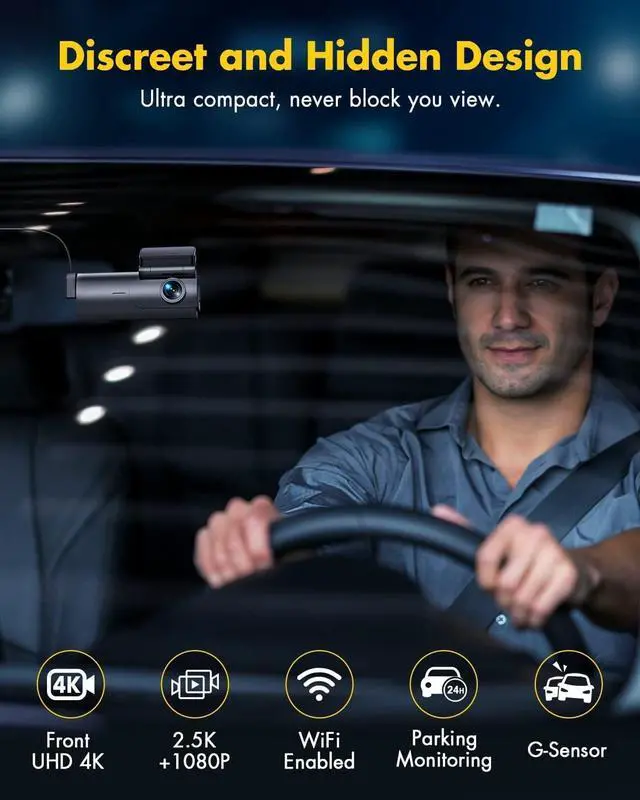 Alt view image 3 of 7 - GKU Dash Cam Front and Rear Camera, 4K/2.5K Full Dashcams for Cars with 64GB SD Card, WiFi & App Control, Night Vision, Parking Mode, G-Sensor, Loop Recording,WDR,170° Wide Angle