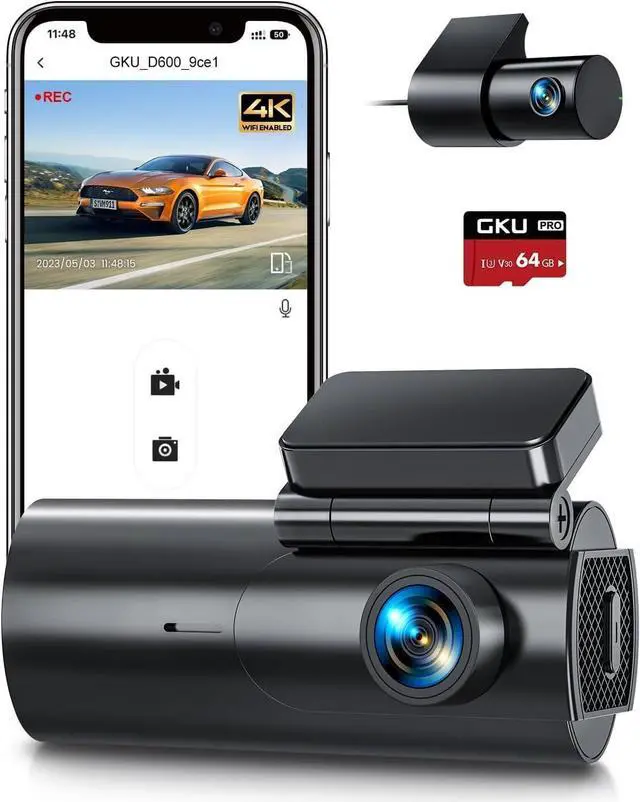 Main image of GKU Dash Cam Front and Rear Camera, 4K/2.5K Full Dashcams for Cars with 64GB SD Card, WiFi & App Control, Night Vision, Parking Mode, G-Sensor, Loop Recording,WDR,170° Wide Angle