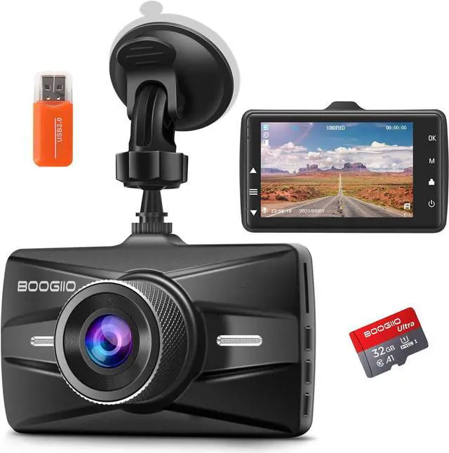 Main image of Dash Cam Front with 32G SD Card, BOOGIIO 1080P FHD Car Driving Recorder 3'' IPS Screen 170°Wide Angle Dashboard Camera Aluminum Alloy Case, WDR G-Sensor Parking Monitor Loop Recording Motion Detection