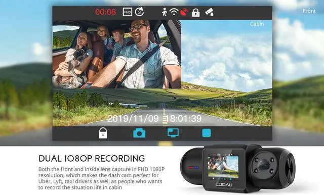 Alt view image 3 of 7 - 1080P FHD Built-in GPS Wi-Fi Dash Cam, Front and Inside Car Camera Recorder with Infrared Night Vision, Supercapacitor, 4 IR LEDs,G-Sensor, Parking Mode, Loop Recording