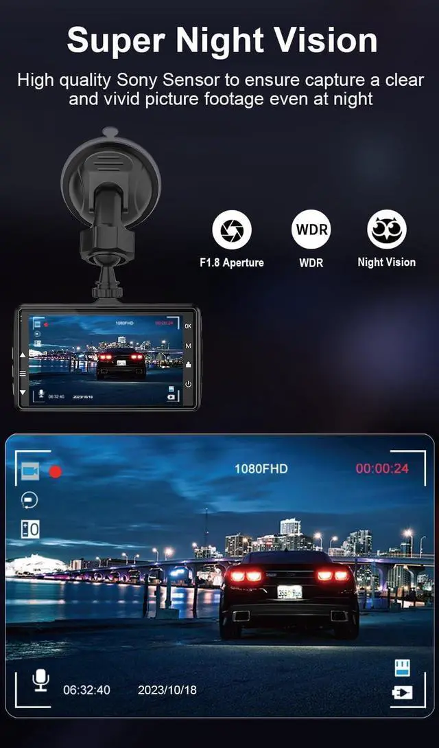 Alt view image 5 of 6 - Penemay Dual Dash Cam Front and Rear Camera 1080p Front Camera, Dash Camera for Cars Waterproof Rear Camera, Car Camera Included 32GB Card, Dashboard Camera with Super Night Vision, Parking Monitor