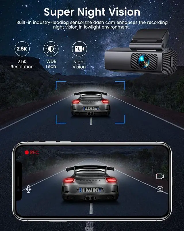Alt view image 4 of 7 - EUKI 2.5K Dash Cam, WiFi Car Camera, Front Dash Camera with Magnetic Mount, Smart App Control, 24h Parking Mode, Loop Recording, WDR, G-Sensor, Support 256GB Max