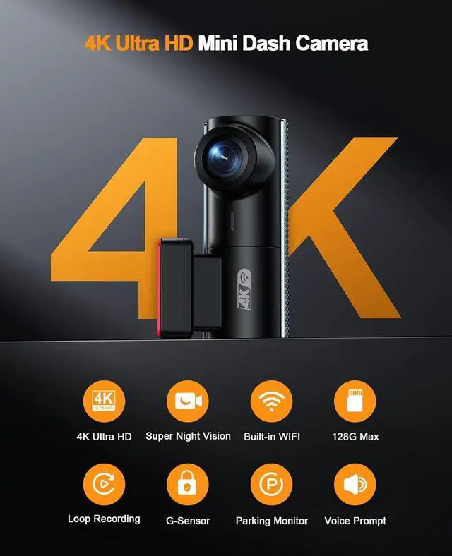Alt view image 3 of 7 - WiFi 4K Dash Cam for Cars with Front Camera, APP Control, Free 64GB SD Card, 170° Wide-Angle, Voice Broadcast, Night Vision, Loop Recording, G-Sensor, 24H Parking Monitor, Supports up to 128GB