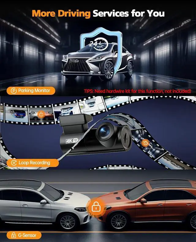 Alt view image 7 of 7 - WiFi 4K Dash Cam for Cars with Front Camera, APP Control, Free 64GB SD Card, 170° Wide-Angle, Voice Broadcast, Night Vision, Loop Recording, G-Sensor, 24H Parking Monitor, Supports up to 128GB