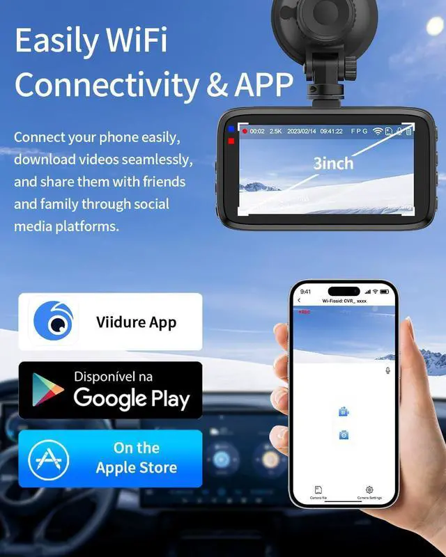 Alt view image 4 of 7 - 2.5K Dash Cam Front and Rear with WiFi 3" Screen Dashcam for Car, Dual Car Camera with 64GB Memory Card with WDR Night Version, Car Dashboard Camera with Parking Mode Monitor, 170° Wide Angle