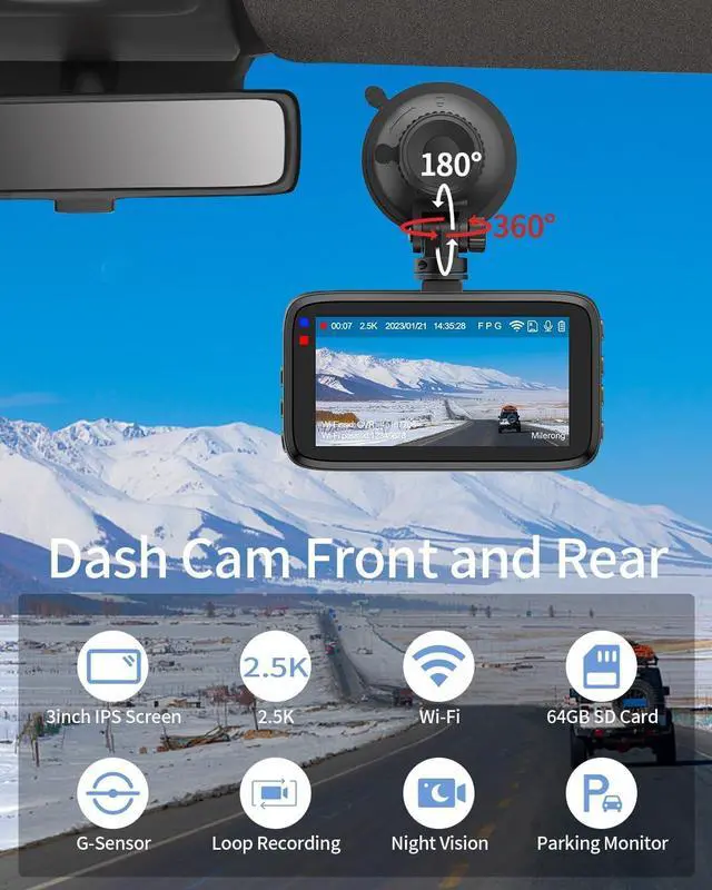 Alt view image 3 of 7 - 2.5K Dash Cam Front and Rear with WiFi 3" Screen Dashcam for Car, Dual Car Camera with 64GB Memory Card with WDR Night Version, Car Dashboard Camera with Parking Mode Monitor, 170° Wide Angle