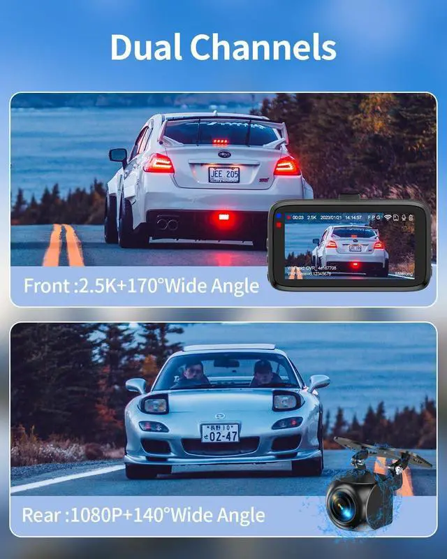 Alt view image 2 of 7 - 2.5K Dash Cam Front and Rear with WiFi 3" Screen Dashcam for Car, Dual Car Camera with 64GB Memory Card with WDR Night Version, Car Dashboard Camera with Parking Mode Monitor, 170° Wide Angle