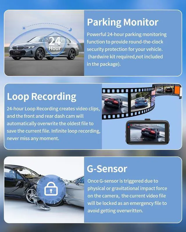Alt view image 6 of 7 - 2.5K Dash Cam Front and Rear with WiFi 3" Screen Dashcam for Car, Dual Car Camera with 64GB Memory Card with WDR Night Version, Car Dashboard Camera with Parking Mode Monitor, 170° Wide Angle