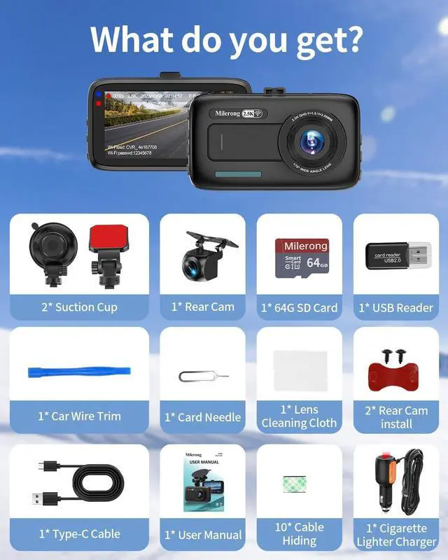 Alt view image 7 of 7 - 2.5K Dash Cam Front and Rear with WiFi 3" Screen Dashcam for Car, Dual Car Camera with 64GB Memory Card with WDR Night Version, Car Dashboard Camera with Parking Mode Monitor, 170° Wide Angle