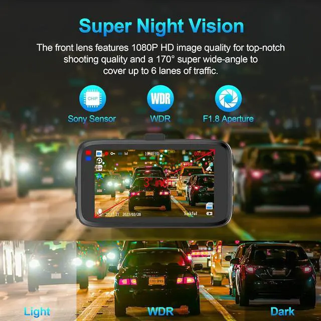 Alt view image 3 of 6 - Dash Cam Front and Rear Camera, Lnkful Dashcams for Cars with 32GB Card, 1080P Dash Cam Front +720P Rear Car Camera, Dashboard Camera with 3'' IPS Screen, Loop Recoding, G-Sensor, Parking Monitor