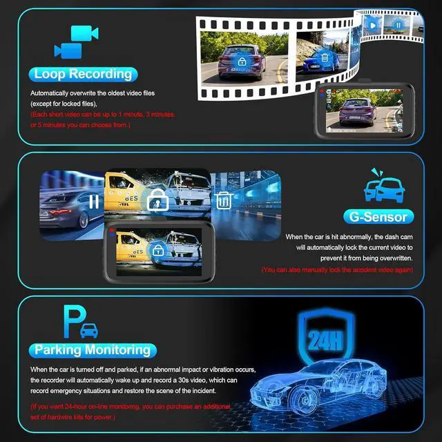 Alt view image 6 of 6 - Dash Cam Front and Rear Camera, Lnkful Dashcams for Cars with 32GB Card, 1080P Dash Cam Front +720P Rear Car Camera, Dashboard Camera with 3'' IPS Screen, Loop Recoding, G-Sensor, Parking Monitor