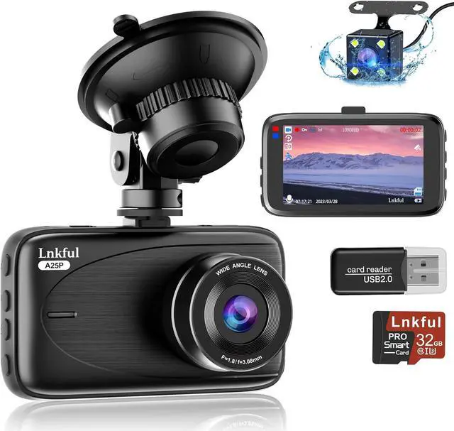 Main image of Dash Cam Front and Rear Camera, Lnkful Dashcams for Cars with 32GB Card, 1080P Dash Cam Front +720P Rear Car Camera, Dashboard Camera with 3'' IPS Screen, Loop Recoding, G-Sensor, Parking Monitor