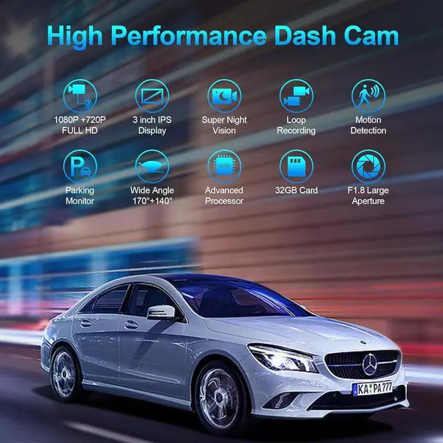 Alt view image 4 of 6 - Dash Cam Front and Rear Camera, Lnkful Dashcams for Cars with 32GB Card, 1080P Dash Cam Front +720P Rear Car Camera, Dashboard Camera with 3'' IPS Screen, Loop Recoding, G-Sensor, Parking Monitor
