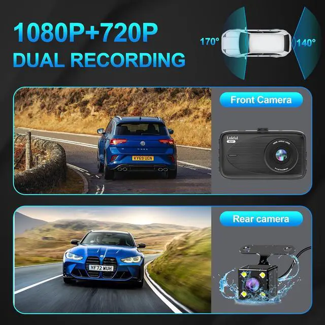 Alt view image 2 of 6 - Dash Cam Front and Rear Camera, Lnkful Dashcams for Cars with 32GB Card, 1080P Dash Cam Front +720P Rear Car Camera, Dashboard Camera with 3'' IPS Screen, Loop Recoding, G-Sensor, Parking Monitor