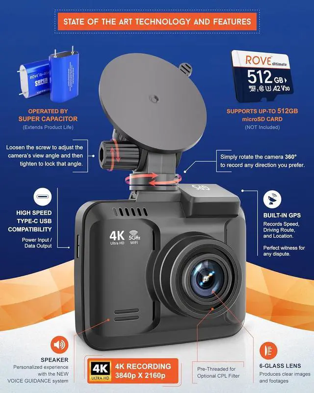 Alt view image 6 of 7 - ROVE R2-4K PRO Dash Cam, Built-in GPS, 5G WiFi Dash Camera for Cars, 2160P UHD 30fps Dashcam with APP, 2.4" IPS Screen, Night Vision, WDR, 150° Wide Angle, 24-Hr Parking Mode, Supports 512GB Max