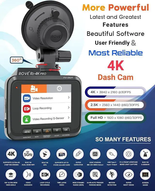 Alt view image 7 of 7 - ROVE R2-4K PRO Dash Cam, Built-in GPS, 5G WiFi Dash Camera for Cars, 2160P UHD 30fps Dashcam with APP, 2.4" IPS Screen, Night Vision, WDR, 150° Wide Angle, 24-Hr Parking Mode, Supports 512GB Max