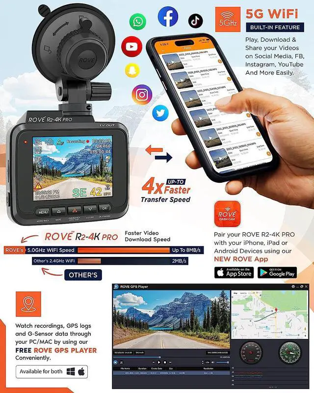 Alt view image 3 of 7 - ROVE R2-4K PRO Dash Cam, Built-in GPS, 5G WiFi Dash Camera for Cars, 2160P UHD 30fps Dashcam with APP, 2.4" IPS Screen, Night Vision, WDR, 150° Wide Angle, 24-Hr Parking Mode, Supports 512GB Max