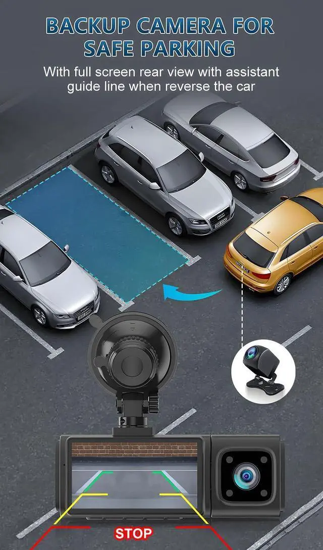 Alt view image 3 of 6 - Dash Cam Front and Rear Camera 3 Channel 2.5K+1080P+1080P, Dash Cam Front and Inside Camera Included 64GB Card, Dash Camera for Cars with Infrared Night Vision, Parking Monitor, Accident Lock