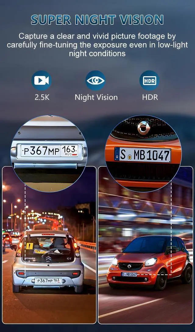 Alt view image 2 of 6 - Dash Cam Front and Rear Camera 3 Channel 2.5K+1080P+1080P, Dash Cam Front and Inside Camera Included 64GB Card, Dash Camera for Cars with Infrared Night Vision, Parking Monitor, Accident Lock