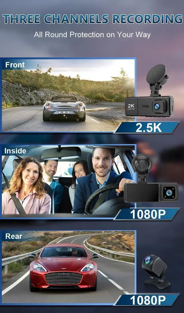 Alt view image 5 of 6 - Dash Cam Front and Rear Camera 3 Channel 2.5K+1080P+1080P, Dash Cam Front and Inside Camera Included 64GB Card, Dash Camera for Cars with Infrared Night Vision, Parking Monitor, Accident Lock