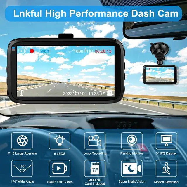 Alt view image 3 of 6 - Dash Cam Front, Lnkful Dash Camera for Cars with 64GB SD Card, 1080P FHD Car Dashboard Camera Recorder with 3'' IPS Screen, 170° Wide Angle, Loop Recoding, Night Vision, G-Sensor, Parking Monitor