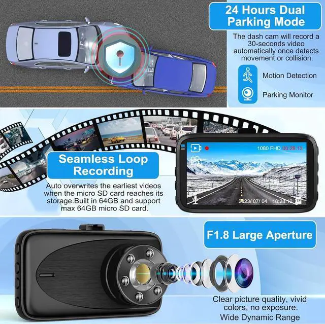 Alt view image 2 of 6 - Dash Cam Front, Lnkful Dash Camera for Cars with 64GB SD Card, 1080P FHD Car Dashboard Camera Recorder with 3'' IPS Screen, 170° Wide Angle, Loop Recoding, Night Vision, G-Sensor, Parking Monitor