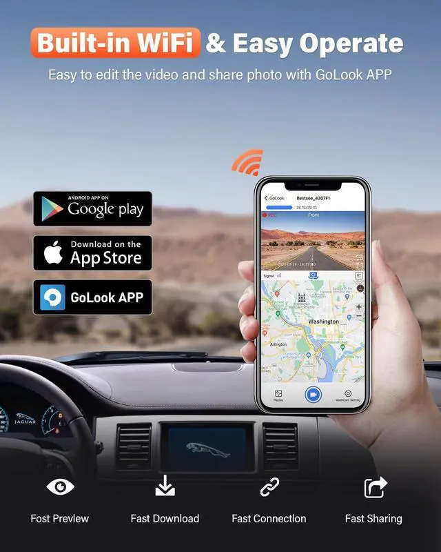 Alt view image 2 of 7 - Bestsee Dash Cam Front and Rear Camera with Built-in WiFi GPS, 4K/2.5K Full HD Dashcams for Cars Come with 64G SD Card, APP, 24h Parking Mode, G-Sensor, Loop Recording, Night Vision, WDR (M33)