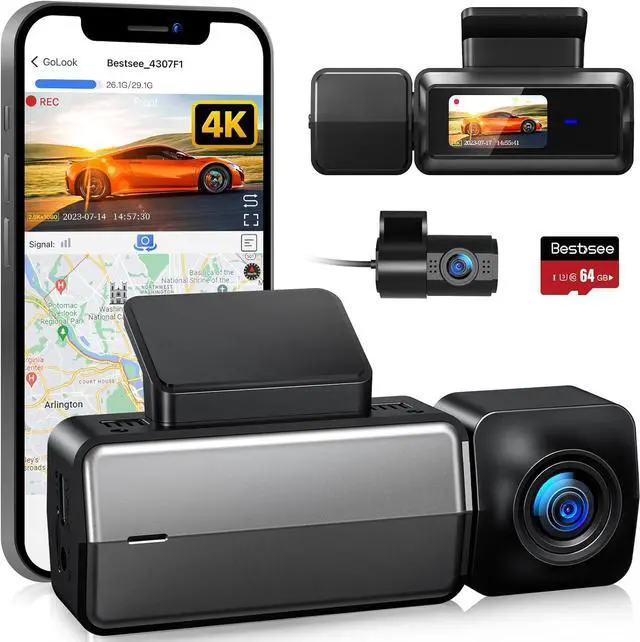 Main image of Bestsee Dash Cam Front and Rear Camera with Built-in WiFi GPS, 4K/2.5K Full HD Dashcams for Cars Come with 64G SD Card, APP, 24h Parking Mode, G-Sensor, Loop Recording, Night Vision, WDR (M33)